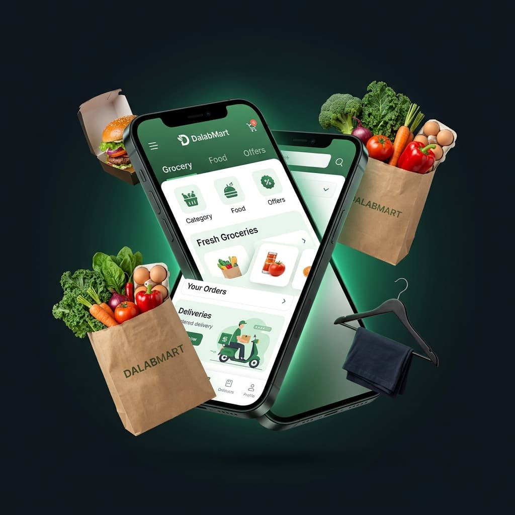 BalanMart app showing food, groceries, and clothing delivery
